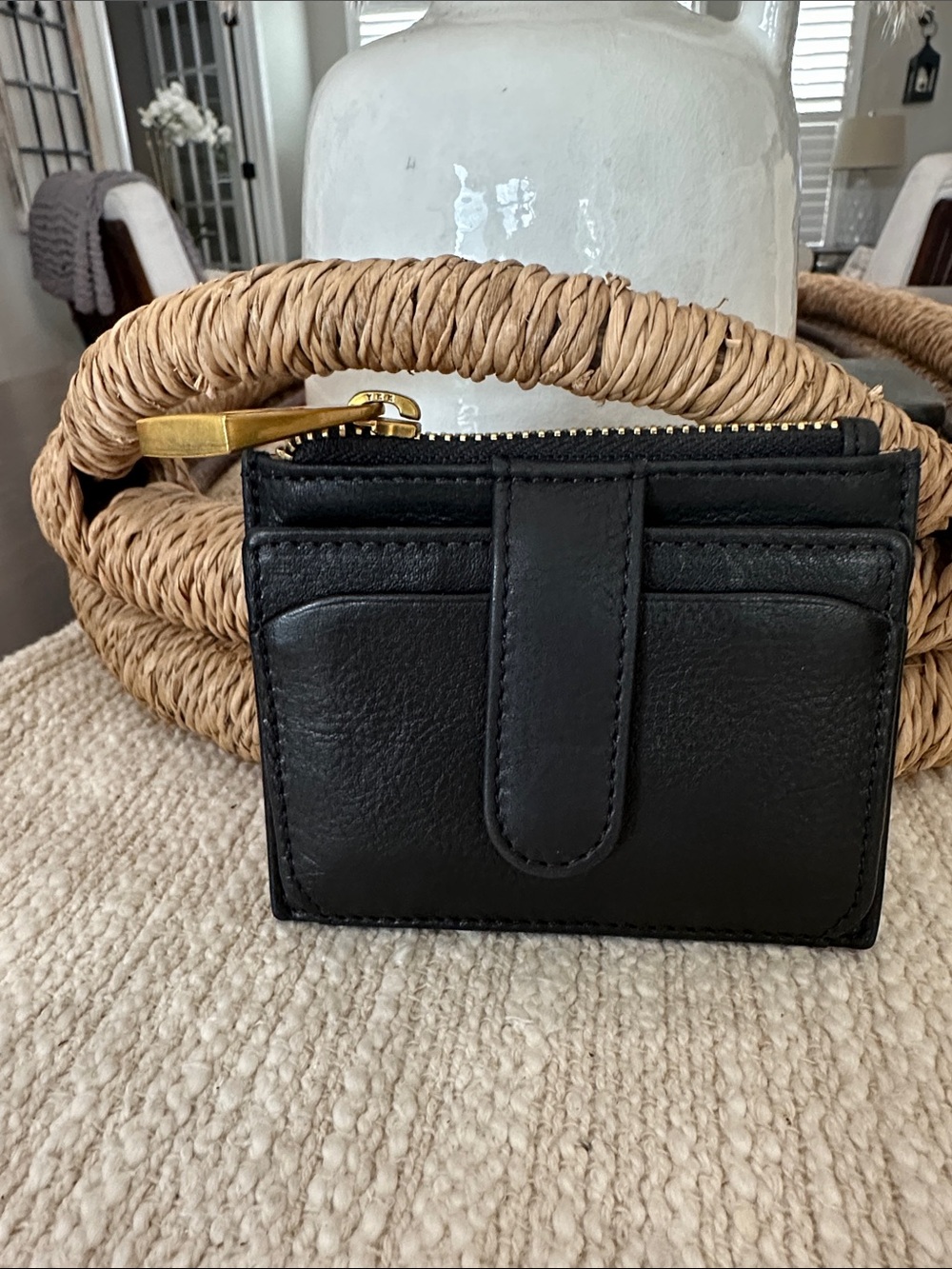 margot Black Leather Card & Zip Coin Holder